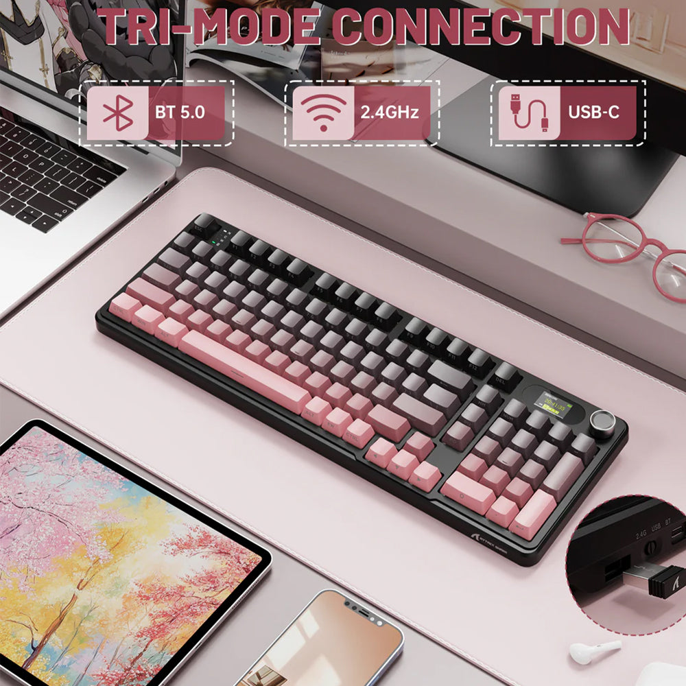 كيبورد أتاك شارك سلكي و لاسلكي بلوتوث ثلاثي الوضع قابل للشحن RGB جيمنج سويتش بلوبري إنجليزي وعربي X98PRO - اسود x بينك