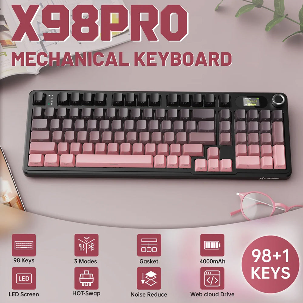 كيبورد أتاك شارك سلكي و لاسلكي بلوتوث ثلاثي الوضع قابل للشحن RGB جيمنج سويتش بلوبري إنجليزي وعربي X98PRO - اسود x بينك