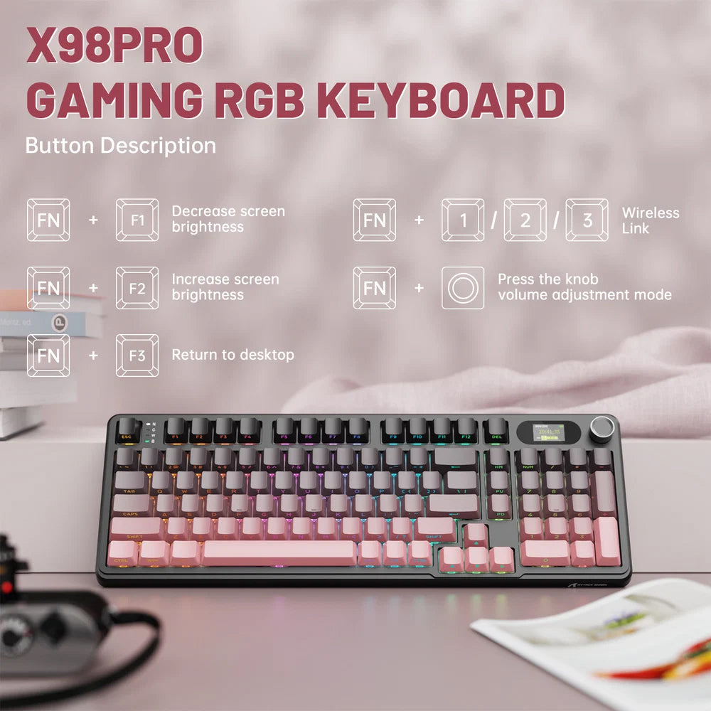 كيبورد أتاك شارك سلكي و لاسلكي بلوتوث ثلاثي الوضع قابل للشحن RGB جيمنج سويتش بلوبري إنجليزي وعربي X98PRO - اسود x بينك