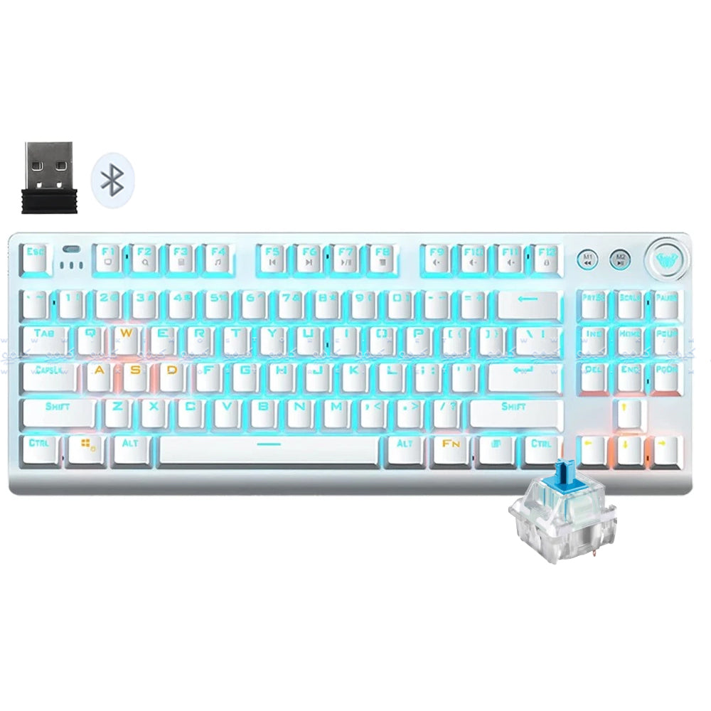 كيبورد اولا لاسلكي بلوتوث و سلكي جيمنج سويتش أزرق إنجليزى Wind F3001 - أبيض