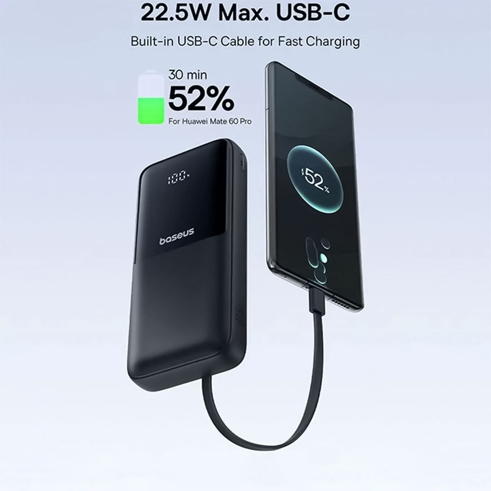 Baseus Lipow PPJP312 Power Bank USB + Type-C + Micro 22.5W Fast Charging 20000mAh Built-in 2 Cables - Black