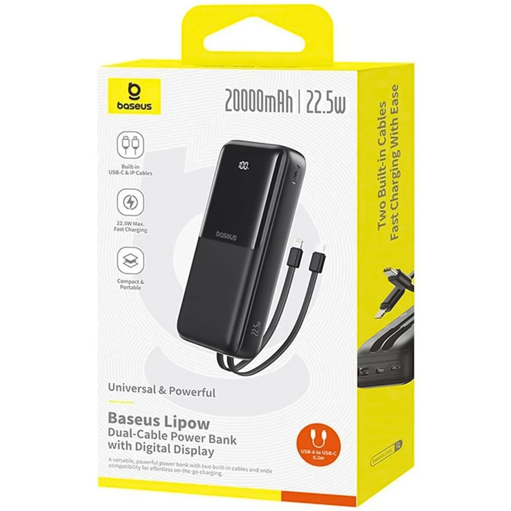 Baseus Lipow PPJP312 Power Bank USB + Type-C + Micro 22.5W Fast Charging 20000mAh Built-in 2 Cables - Black