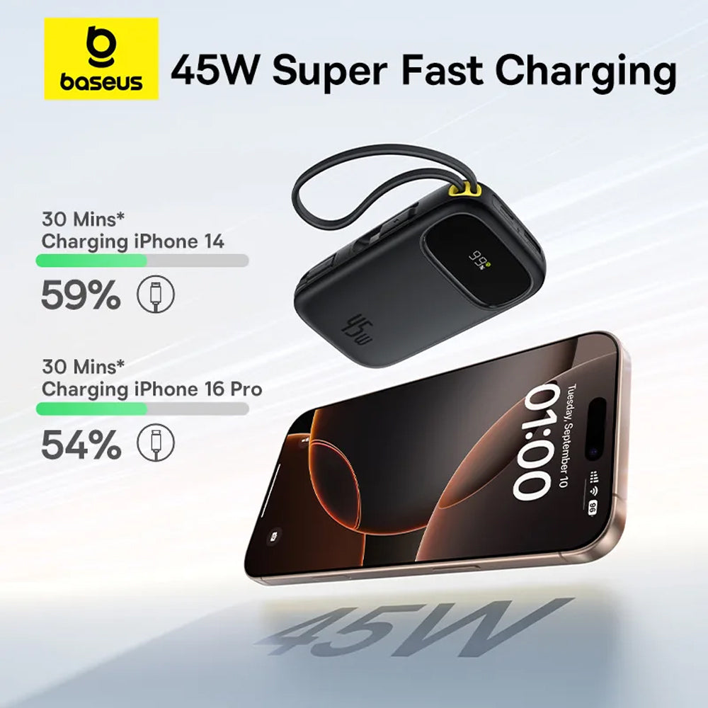 Baseus QPow 3 PPQD3-1040 Power Bank USB + Type-C 45W Fast Charging 10000mAh Built-in 2 Cables - Black