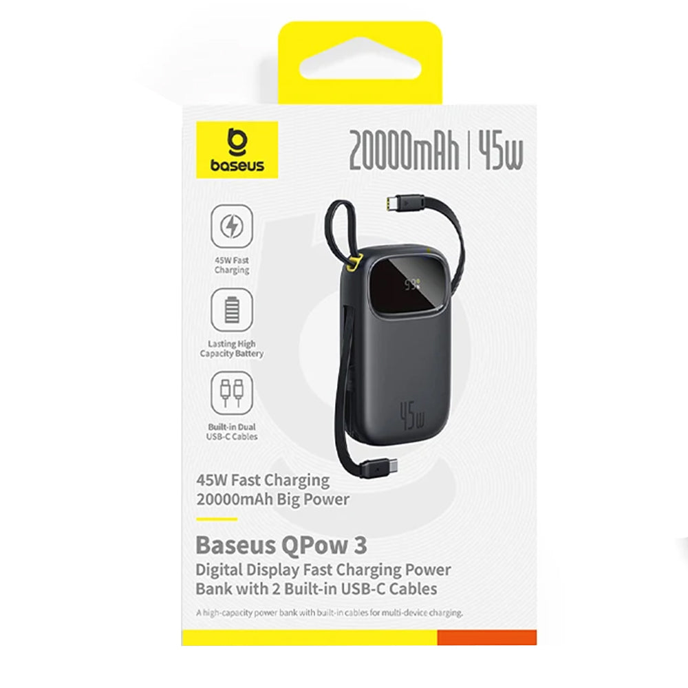 Baseus QPow 3 PPQD3-2040 Power Bank USB + Type-C 45W Fast Charging 20000mAh Built-in 2 Cables - Black