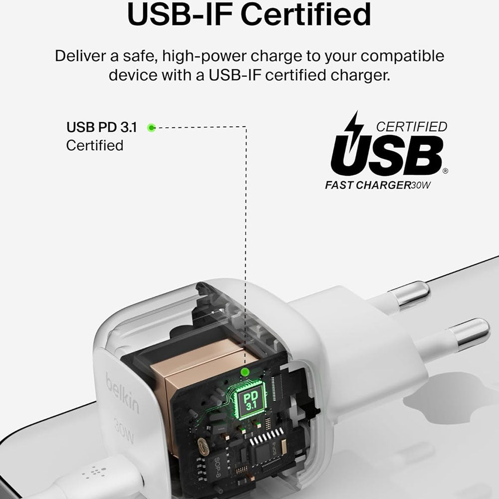 Belkin WCA008KQV2 Wall Charger Type-C + Type-C Cable 30W Fast Charging - White