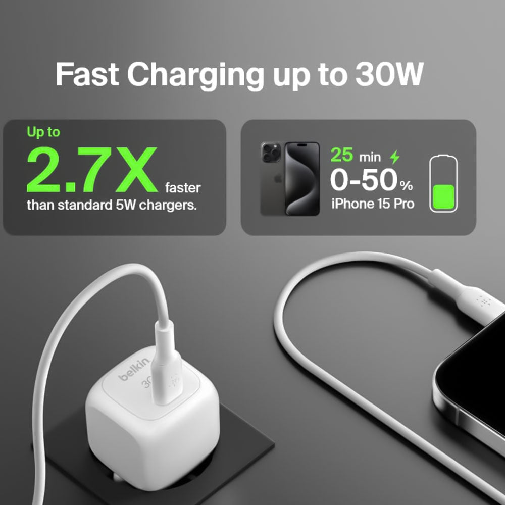 Belkin WCA008KQV2 Wall Charger Type-C + Type-C Cable 30W Fast Charging - White