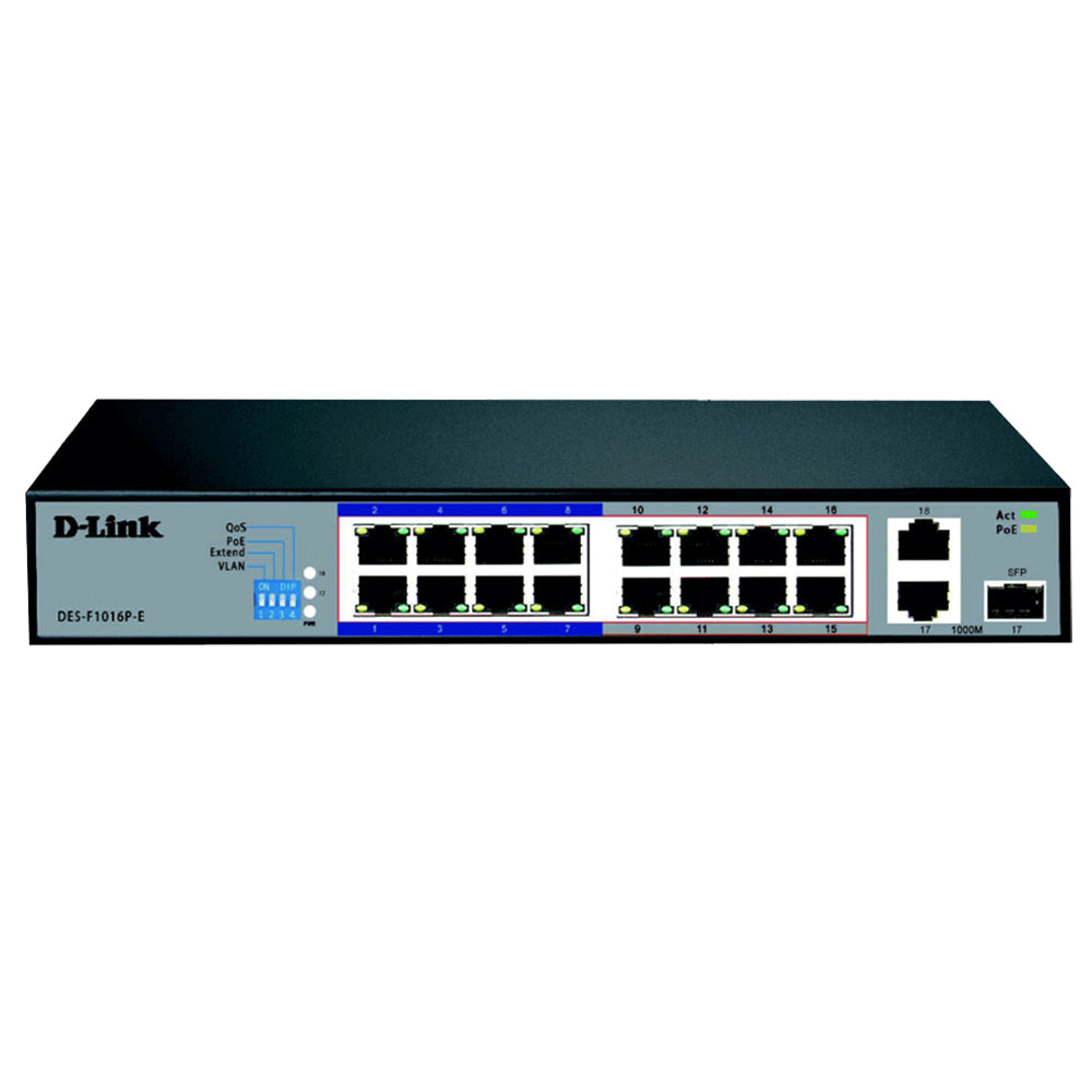 D-Link DES-F1016P-E Unmanaged Rackmount Switch 16 Ports PoE 10/100Mbps + 1 Port SFP 10/100/1000Mbps