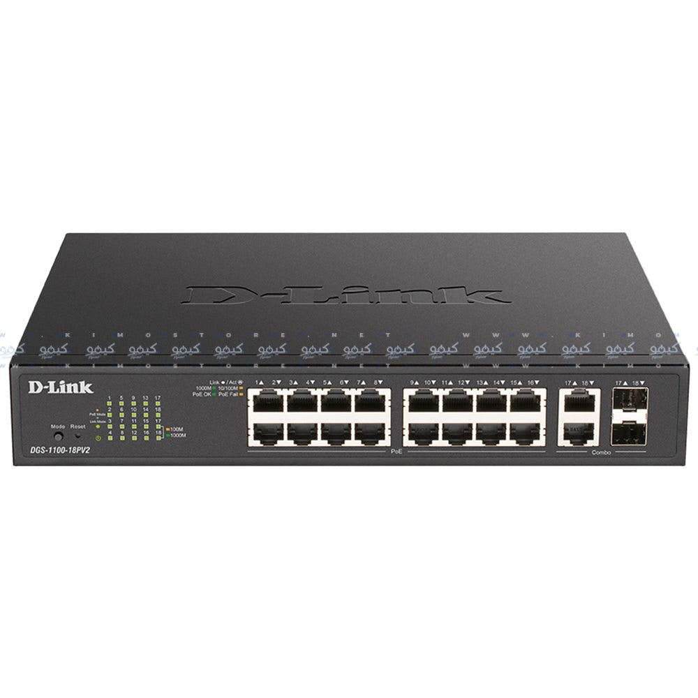سويتش دي لينك 16 منفذ 1000/100/10 ميجابت في الثانية PoE + منفذين (SFP) 1000/100/10 ميجابت في الثانية DGS-1100-18PV2 Smart Managed Desktop