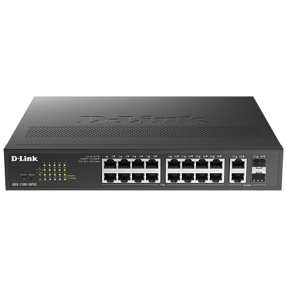 سويتش دي لينك 16 منفذ 1000/100/10 ميجابت في الثانية PoE + منفذين (SFP) 1000/100/10 ميجابت في الثانية DGS-1100-18PV2 Smart Managed Desktop