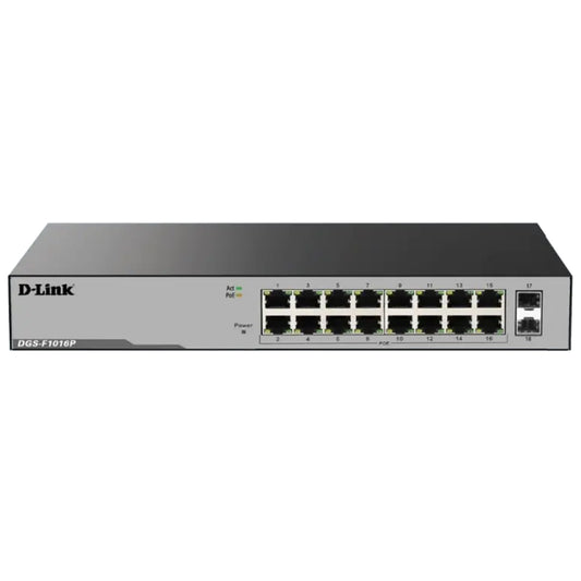 D-Link DGS-F1016P Unmanaged Rackmount Switch 16 Ports PoE 10/100/1000Mbps + 2 Ports SFP 10/100/1000Mbps Uplink