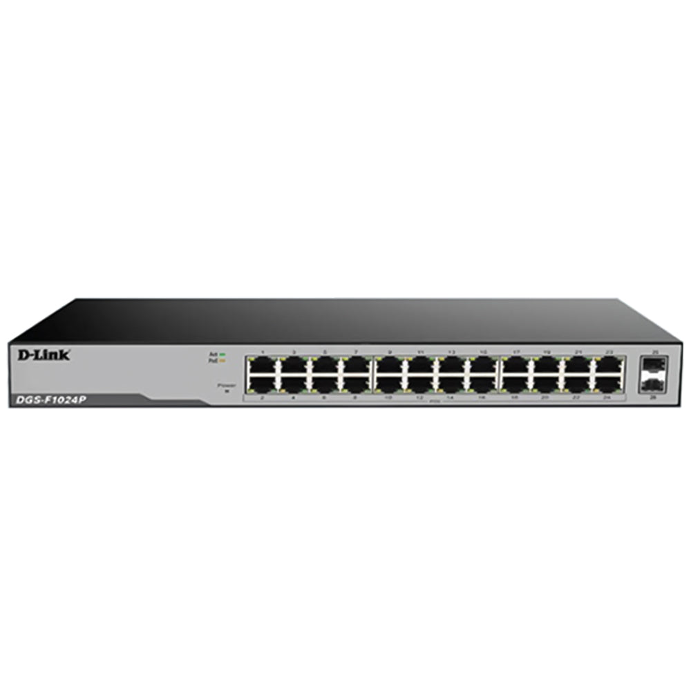 سويتش دي لينك 24 منفذ 10/100/1000 ميجابت في الثانية PoE + منفذين (SFP) 10/100/1000 ميجابت في الثانية Uplink DGS-F1024P Unmanaged Rackmount