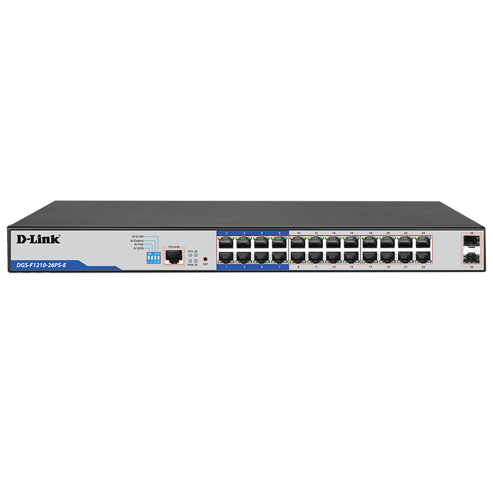 سويتش دي لينك سمارت 24 منفذ 1000/100/10 ميجابت في الثانية PoE + منفذين (SFP) 1000/100/10 ميجابت في الثانية 250 وات DGS-F1210-26PS-E Smart Managed Rackmount