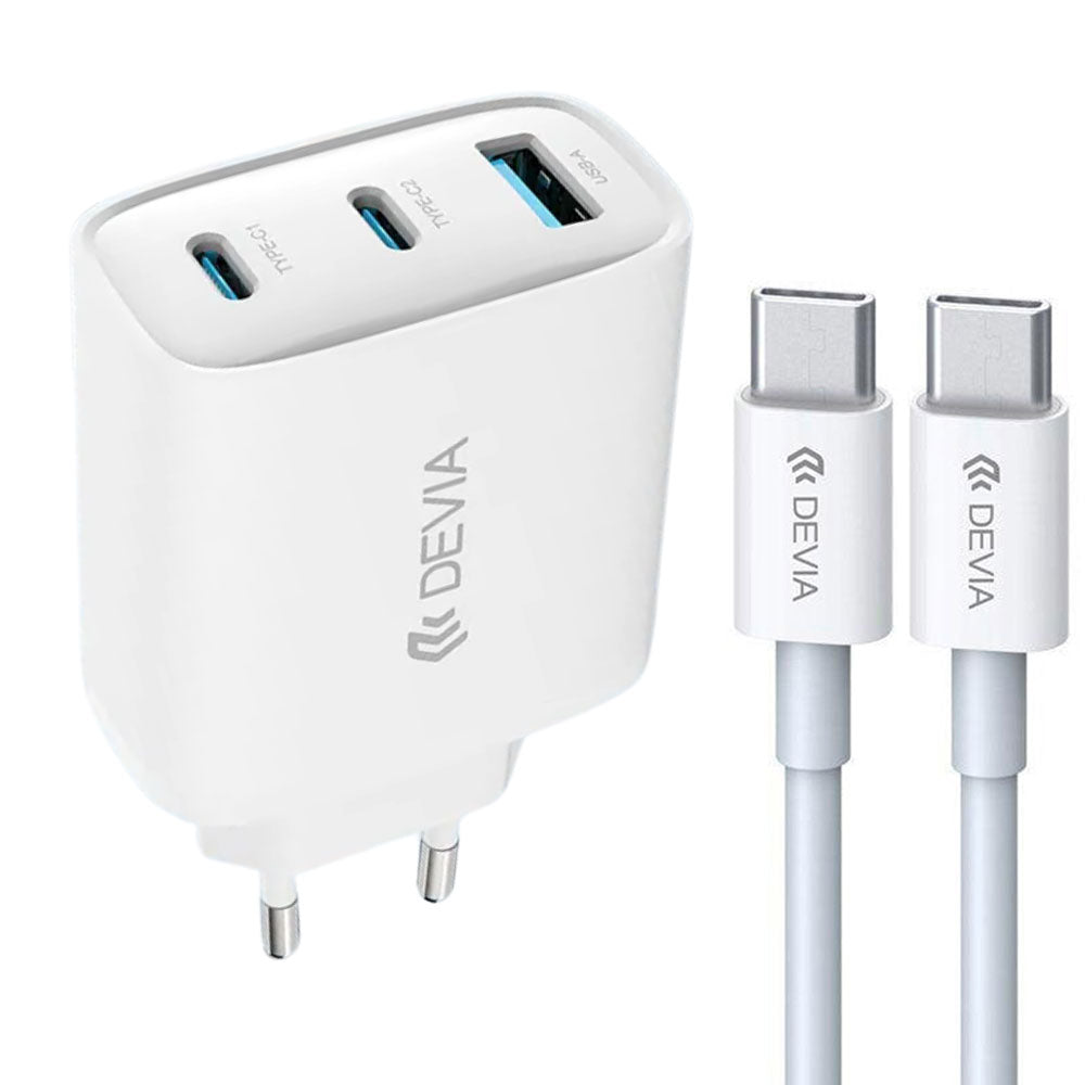 Devia MP656 GaN Wall Charger USB + 2x PD Type-C + Type-C Cable 65W Fast Charging - White
