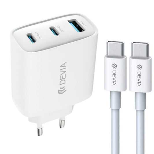 Devia MP656 GaN Wall Charger USB + 2x PD Type-C + Type-C Cable 65W Fast Charging - White