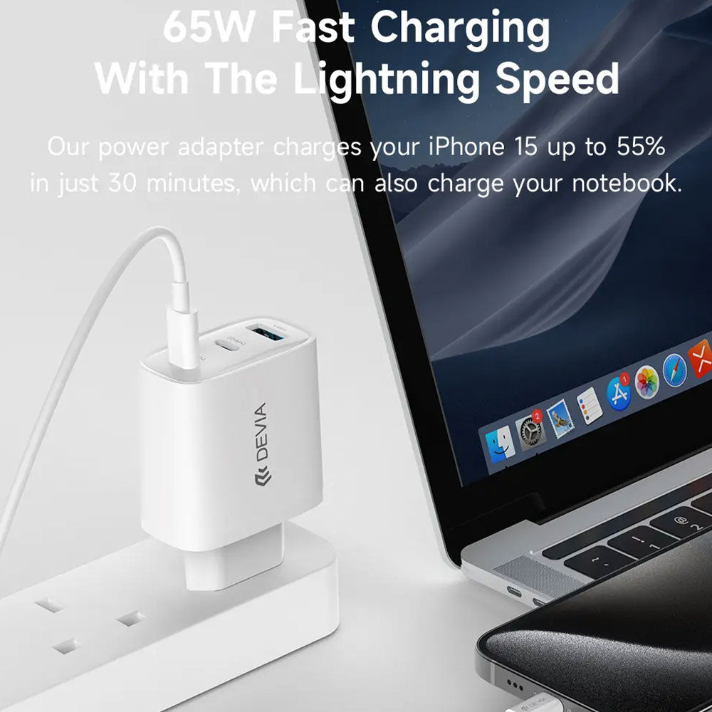 Devia MP656 GaN Wall Charger USB + 2x PD Type-C + Type-C Cable 65W Fast Charging - White