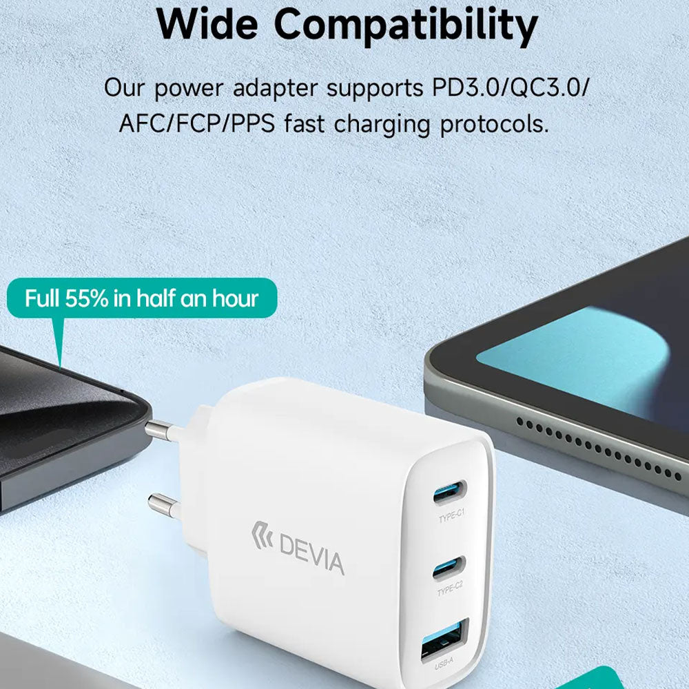 Devia MP656 GaN Wall Charger USB + 2x PD Type-C + Type-C Cable 65W Fast Charging - White