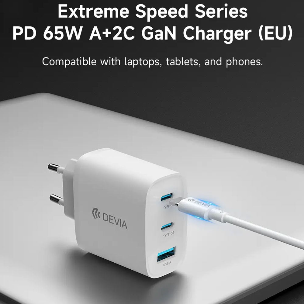 Devia MP656 GaN Wall Charger USB + 2x PD Type-C + Type-C Cable 65W Fast Charging - White