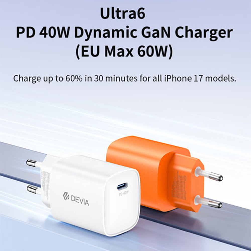 شاحن حائط ديفيا بمنفذ تايب سي PD بقوة 60 وات شحن سريع Ultra 6 Dynamic GaN - برتقالي