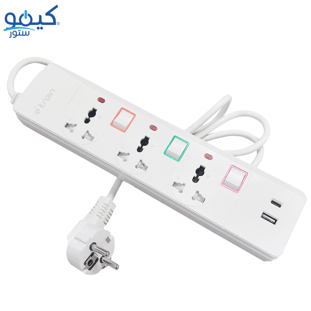 مشترك كهرباء ايترين 3 منافذ + يو اس بي + تايب سي 2500 وات 1.5 متر PS074 - ابيض