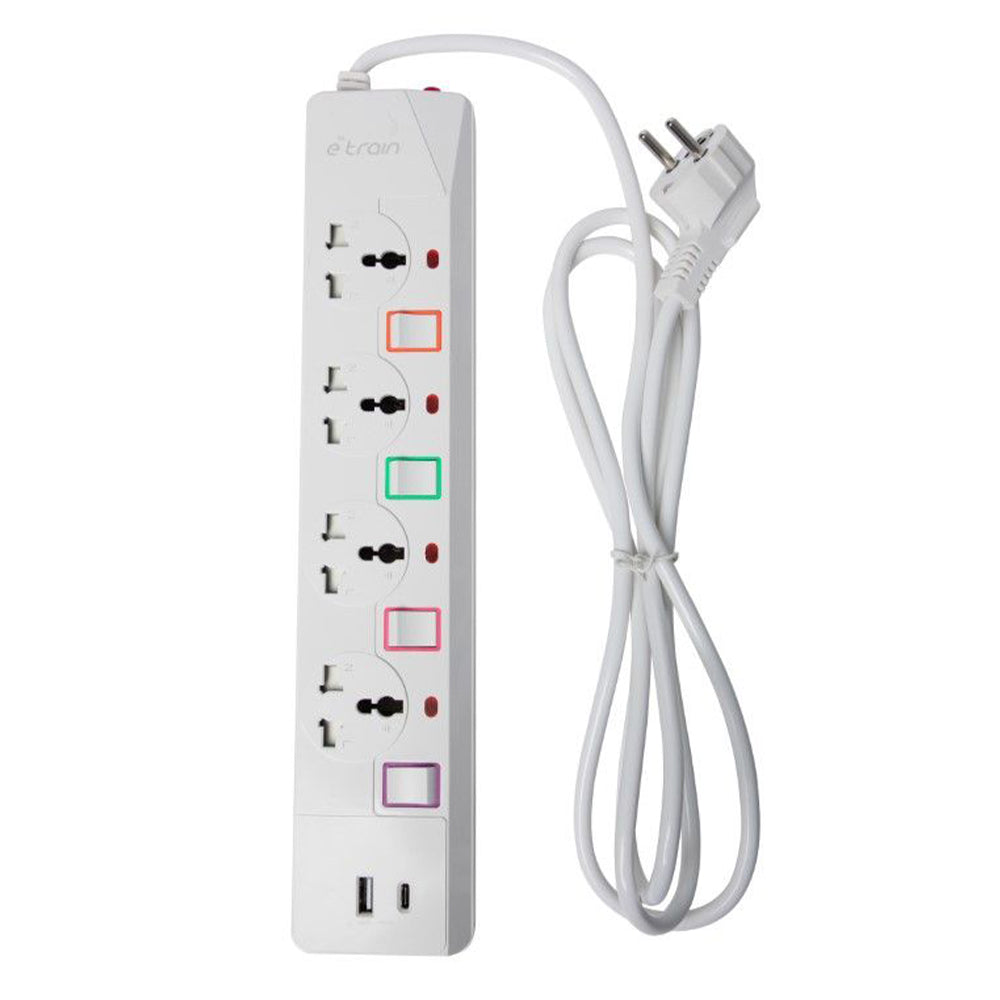 E-Train PS077 4Port + USB + Type-C Power Strip 2m - White