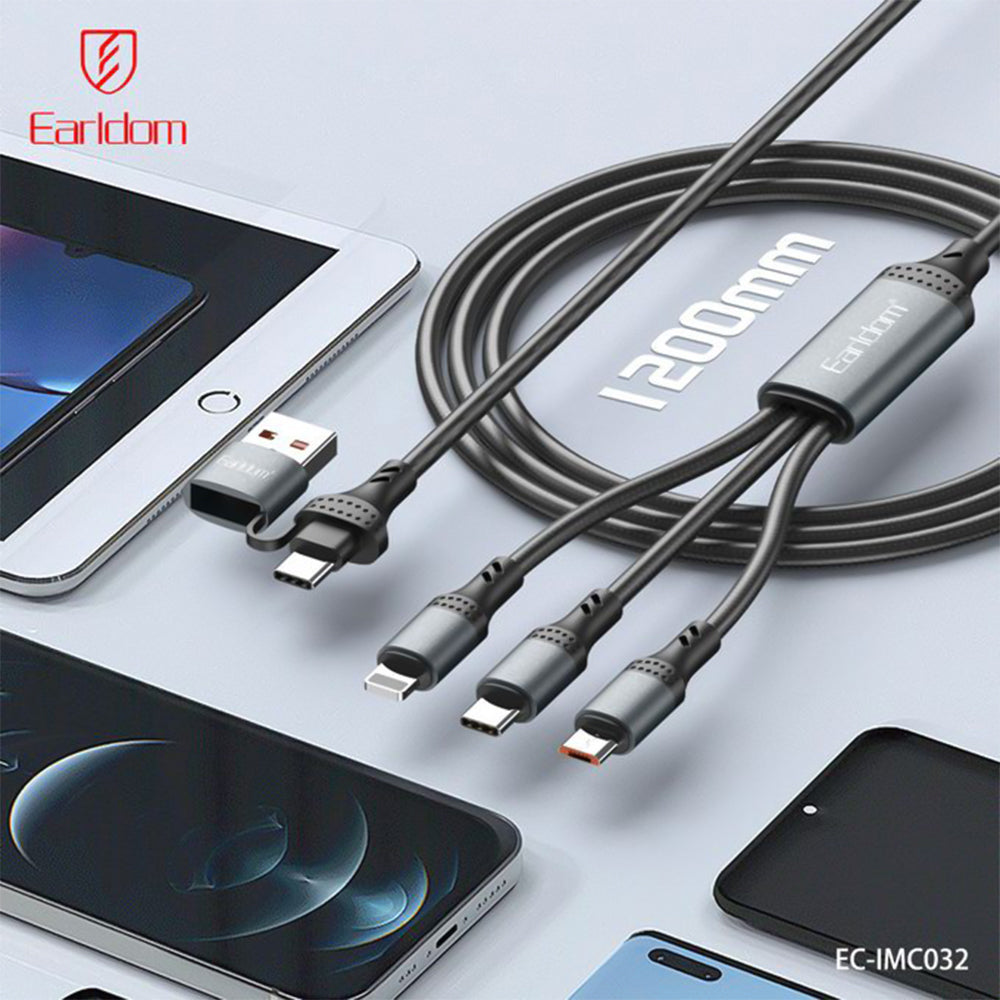 كابل شاحن موبايل إيرلدوم 5 في 1 يو اس بي + تايب سي إلى ميكرو + تايب سي + لايتنينج بقوة 120 وات شحن سريع 1.2 متر EC-IMC032 - اسود