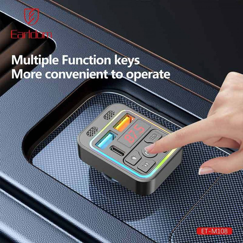 Earldom M108 4in1 RGB Bluetooth FM Transmitter Type-C + 2x USB 3.1A Fast Charging - Black