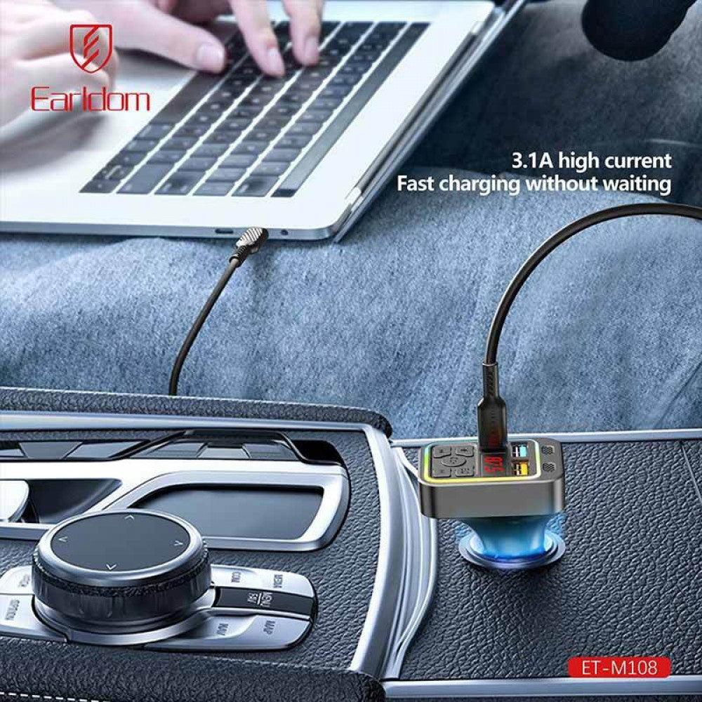 Earldom M108 4in1 RGB Bluetooth FM Transmitter Type-C + 2x USB 3.1A Fast Charging - Black