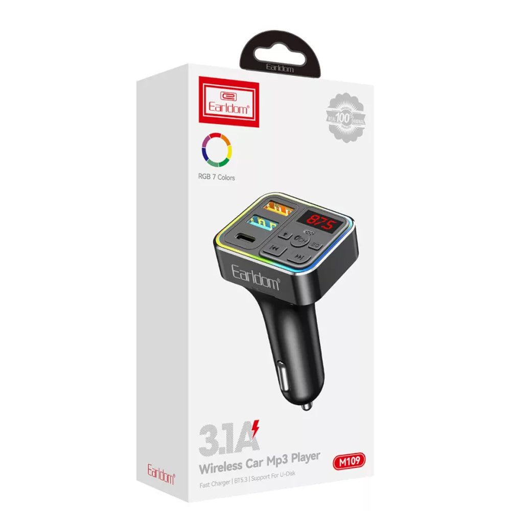 Earldom M109 4in1 RGB Bluetooth FM Transmitter Type-C + USB 3.1A Fast Charging - Black
