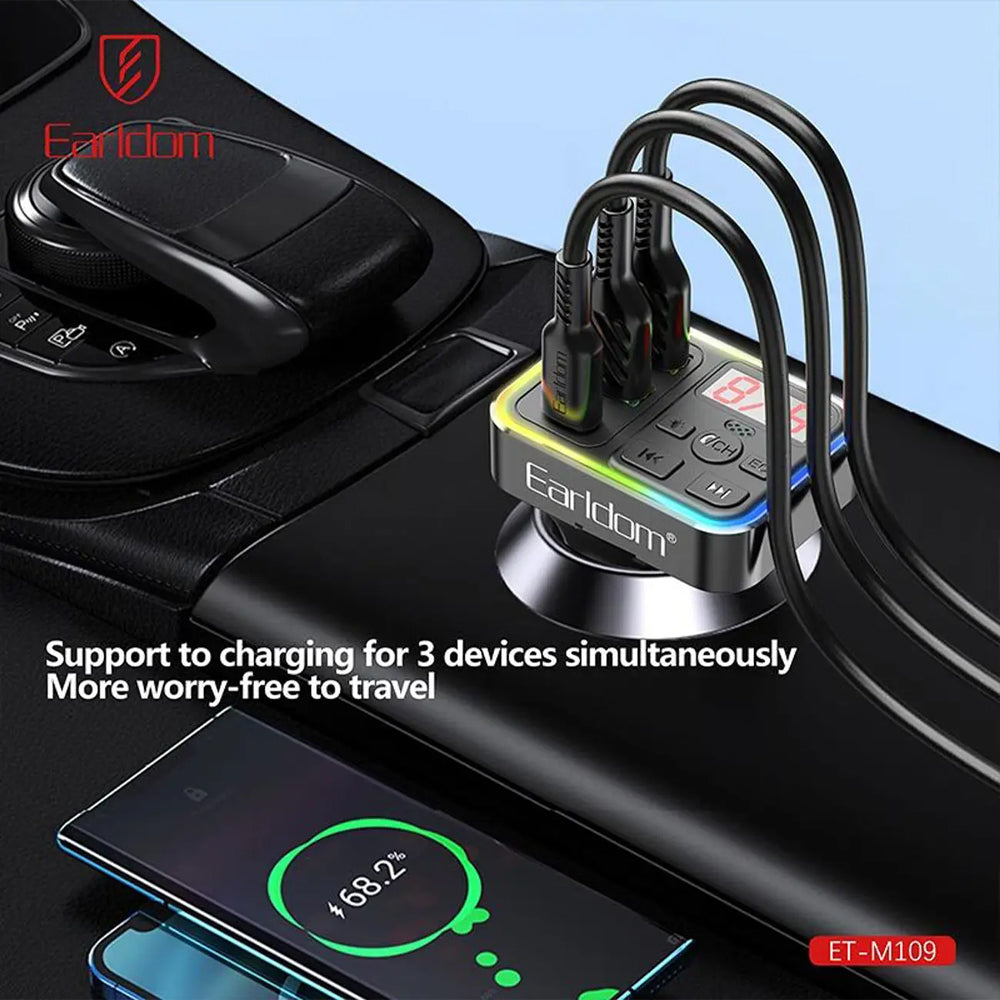 Earldom M109 4in1 RGB Bluetooth FM Transmitter Type-C + USB 3.1A Fast Charging - Black