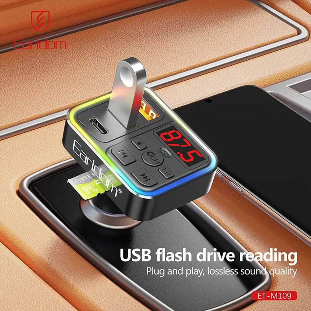 Earldom M109 4in1 RGB Bluetooth FM Transmitter Type-C + USB 3.1A Fast Charging - Black