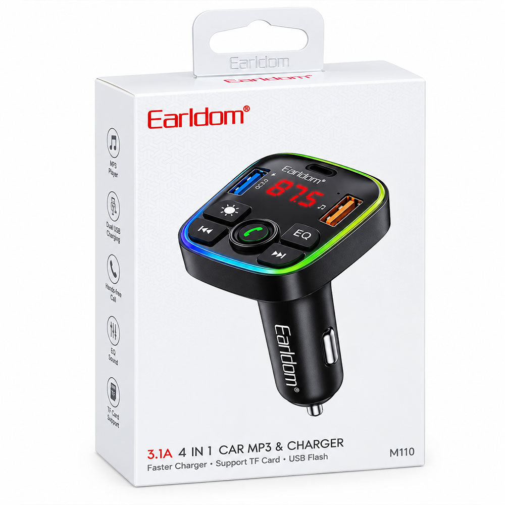 مشغل اف ام بلوتوث إيرلدوم 4 في 1 بمنفذ  تايب سي + منفذين يو اس بي 3.1 أمبير شحن سريع M110 RGB - اسود