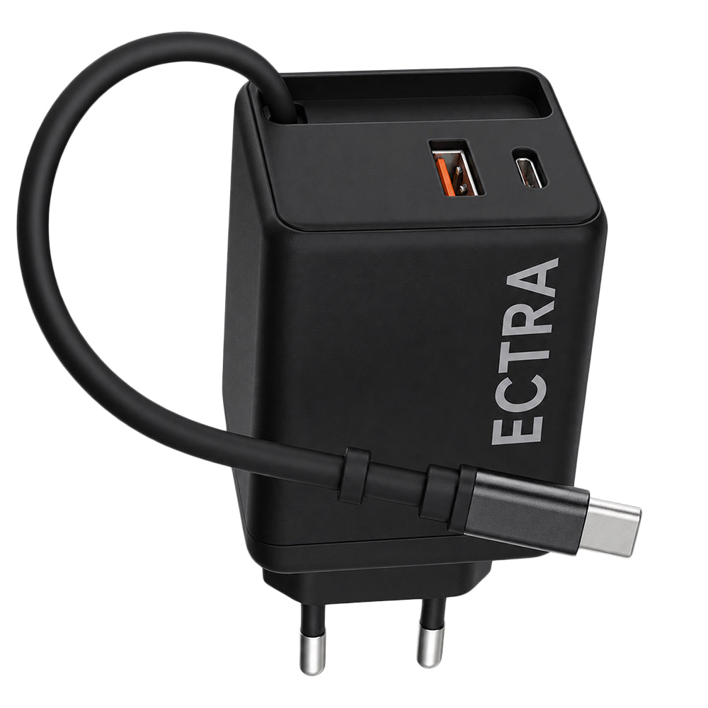 Ectra C1003 GaN Wall Charger PD Type-C + USB + Type-C Cable 65W Fast Charging - Black