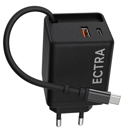 Ectra C1003 GaN Wall Charger PD Type-C + USB + Type-C Cable 65W Fast Charging - Black