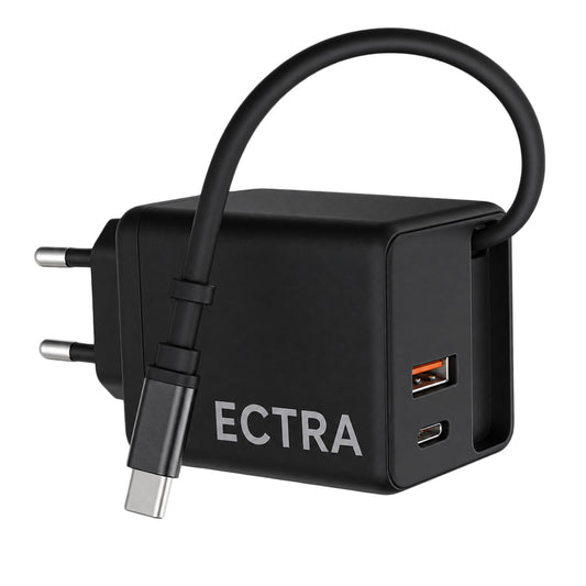 Ectra C1003 GaN Wall Charger PD Type-C + USB + Type-C Cable 65W Fast Charging - Black