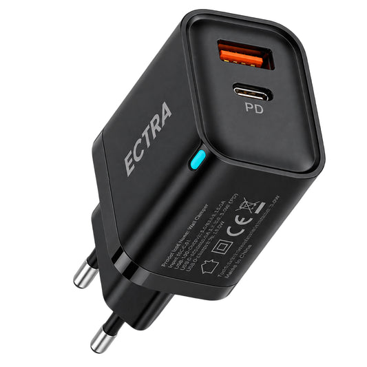 Ectra ECH-C22521B Wall Charger PD Type-C + USB + Type-C Cable 22.5W Fast Charging - Black