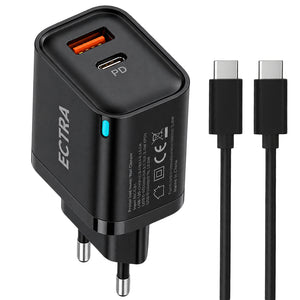 Ectra ECH-C22521B Wall Charger PD Type-C + USB + Type-C Cable 22.5W Fast Charging - Black