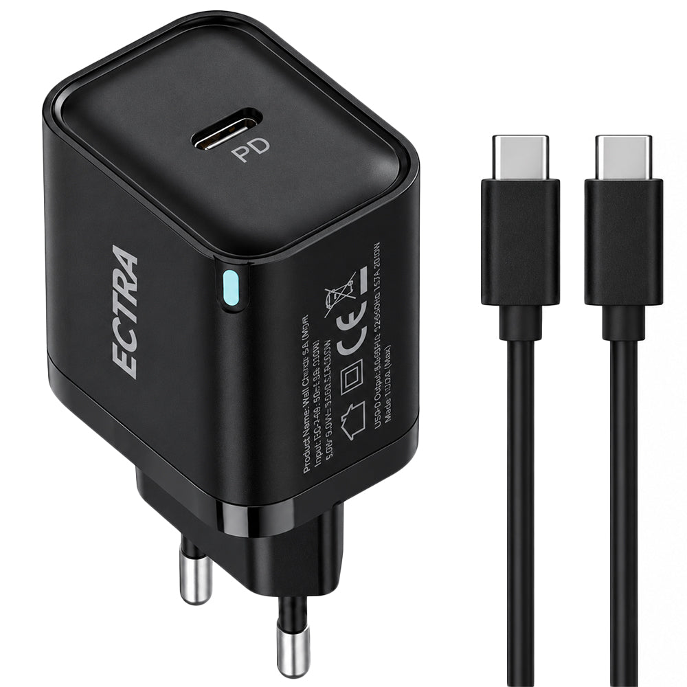 شاحن حائط إكترا بمنفذ تايب سي PD مع كابل تايب سي بقوة 25 وات شحن سريع ECH-C25012B - اسود