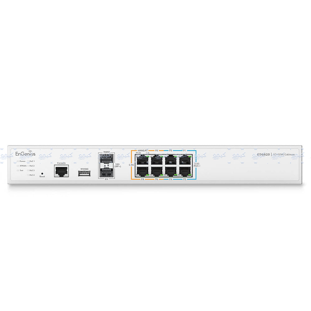 EnGenius ESG620 Cloud VPN Router 4 Ports 10/100/1000/2500Mbps + 4 Ports PoE+ 10/100/1000/2500Mbps + 2 Ports SFP+ 10/100/1000Mbps + RJ-45 Console Port 110W