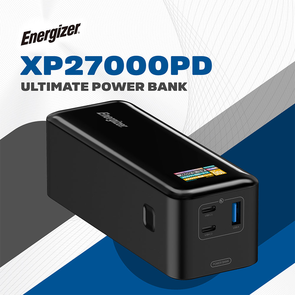 باور بانك إنرجايزر بمنفذ يو اس بي + منفذين تايب سي 140 وات 27000 مللي أمبير شحن سريع XP27000PD - أسود