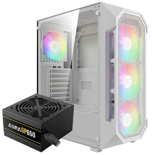 كيس ميد تاور جامدياس ARGB جيمنج AURA GC1 ELITE WHITE + باور سبلاي 80 بلس أبيض 650 وات AURA GP650