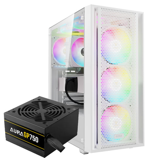 كيس ميد تاور جامدياس ARGB جيمنج AURA GC2 ELITE WHITE + باور سبلاي 80 بلس ابيض 750 وات AURA GP750