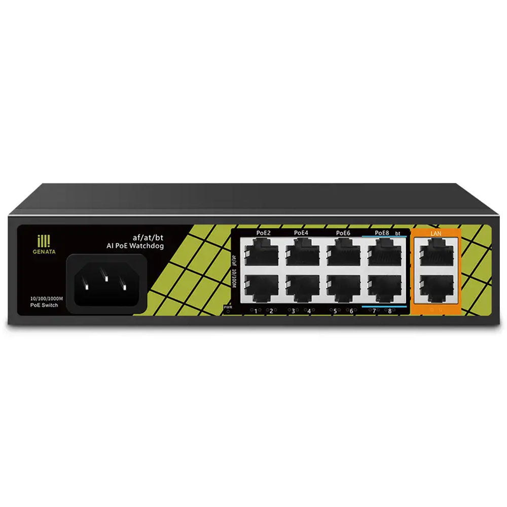 Genata GNT-P1210SG Rackmount AI PoE Switch 8 Ports PoE 10/100Mbps + 2 Ports RJ45 10/100/1000Mbps Uplink