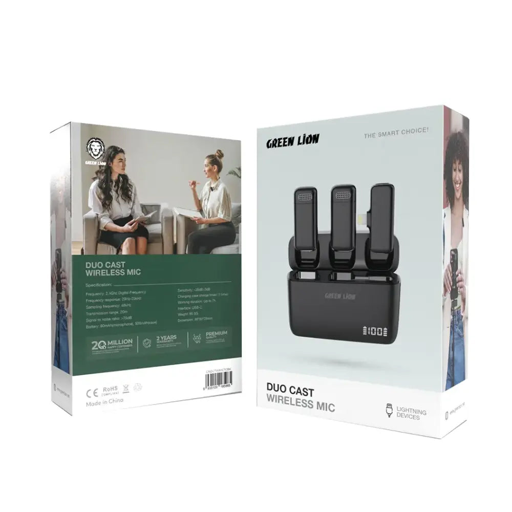 نظام ميكروفون جرين ليون لاسلكي ثنائي القناة بمنفذ لايتنينج 2.4 جيجاهرتز Duo Cast GNDCTWMICLGBK - أسود