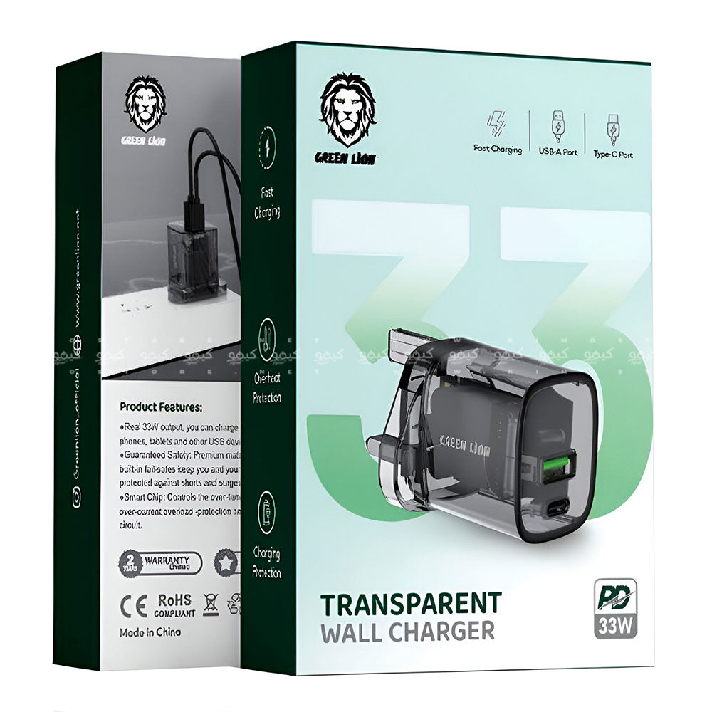 شاحن حائط جرين ليون بمنفذ تايب سي PD + منفذ يو اس بي بقوة 33 وات شحن سريع GNTRWC33WBK Transparent (بلجة UK)