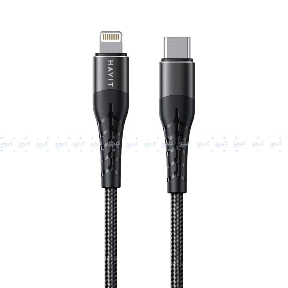 كابل شاحن موبايل هافيت تايب سي إلى لايتنينج بقوة 30 وات شحن سريع 1.2 متر  HV-RH14 - أسود