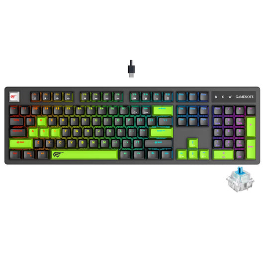 كيبورد هافيت سلكي سويتش ازرق RGB جيمنج إنجليزي وعربي KB893L - أسود x أخضر