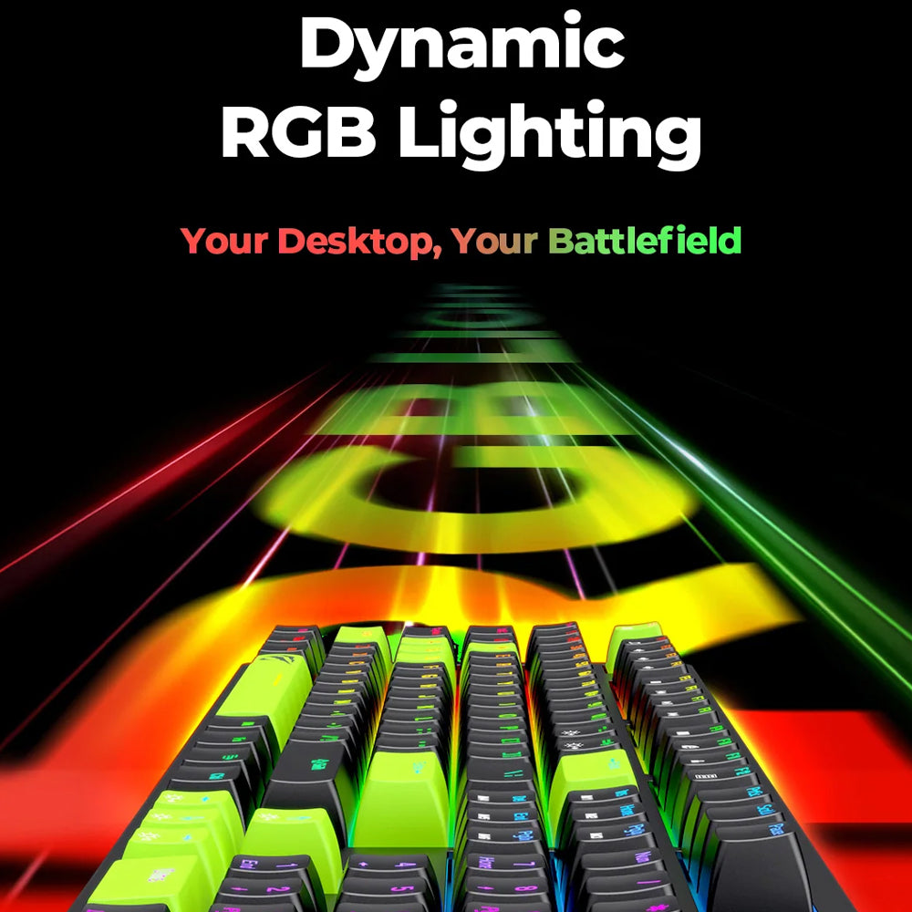 كيبورد هافيت سلكي سويتش ازرق RGB جيمنج إنجليزي وعربي KB893L - أسود x أخضر