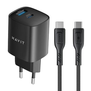 Havit ST932 Wall Charger PD Type-C + USB + Type-C Cable 30W Fast Charging - Black