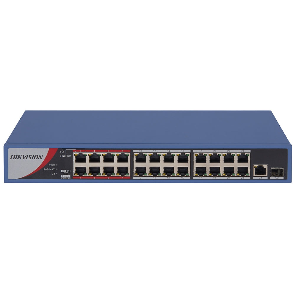 Hikvision DS-3E0326P-E/M(B) Unmanaged Desktop Switch 24 Ports PoE 10/100Mbps + 1 Port RJ45 10/100/1000Mbps + 1 Port SFP 10/100/1000Mbps Fiber Optical 230W