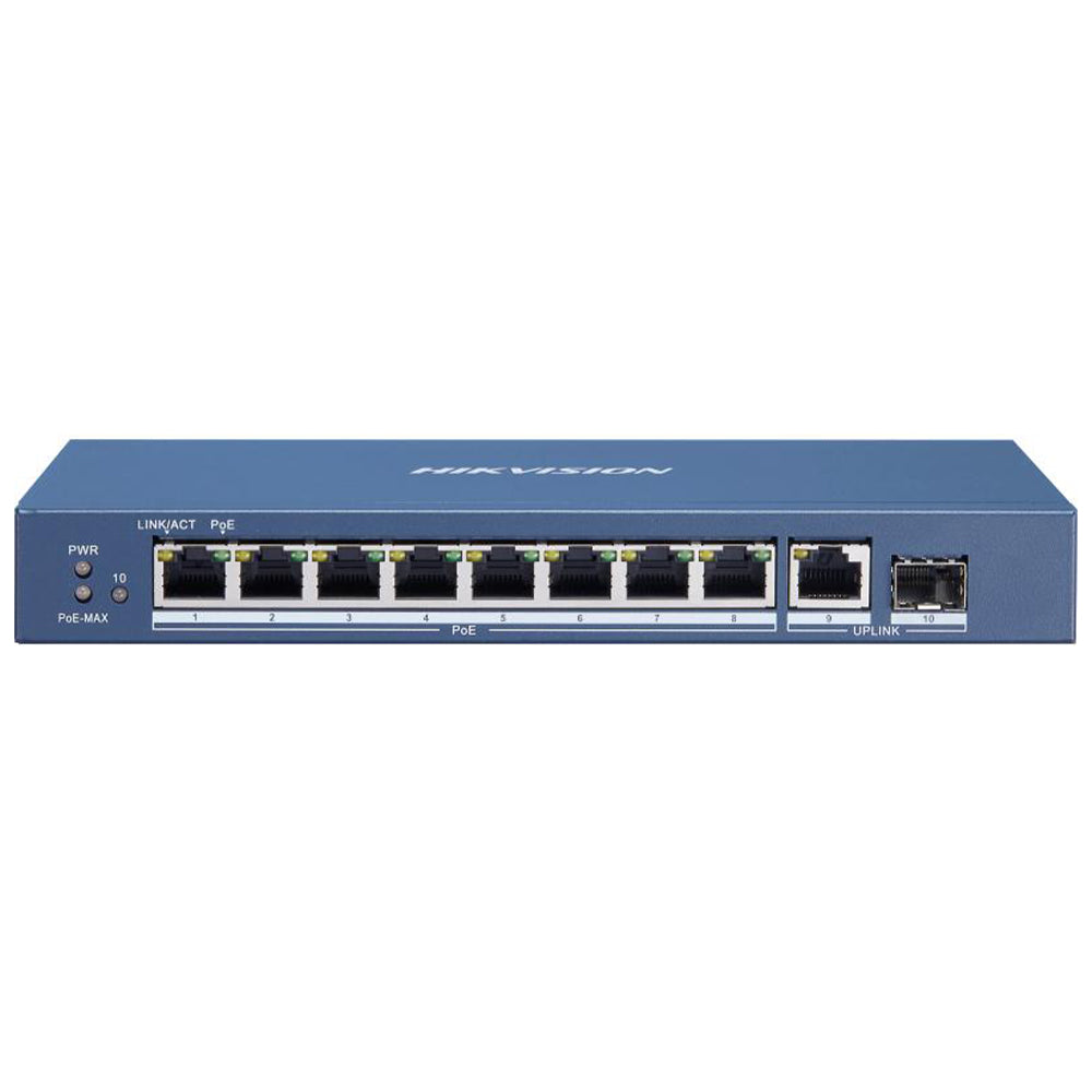 Hikvision DS-3E0510P-E/M Unmanaged Desktop Switch 8 Ports PoE 10/100/1000Mbps + 1 Port RJ45 10/100/1000Mbps Uplink + 1 Port SFP 10/100/1000Mbps Fiber Optical Uplink 58W